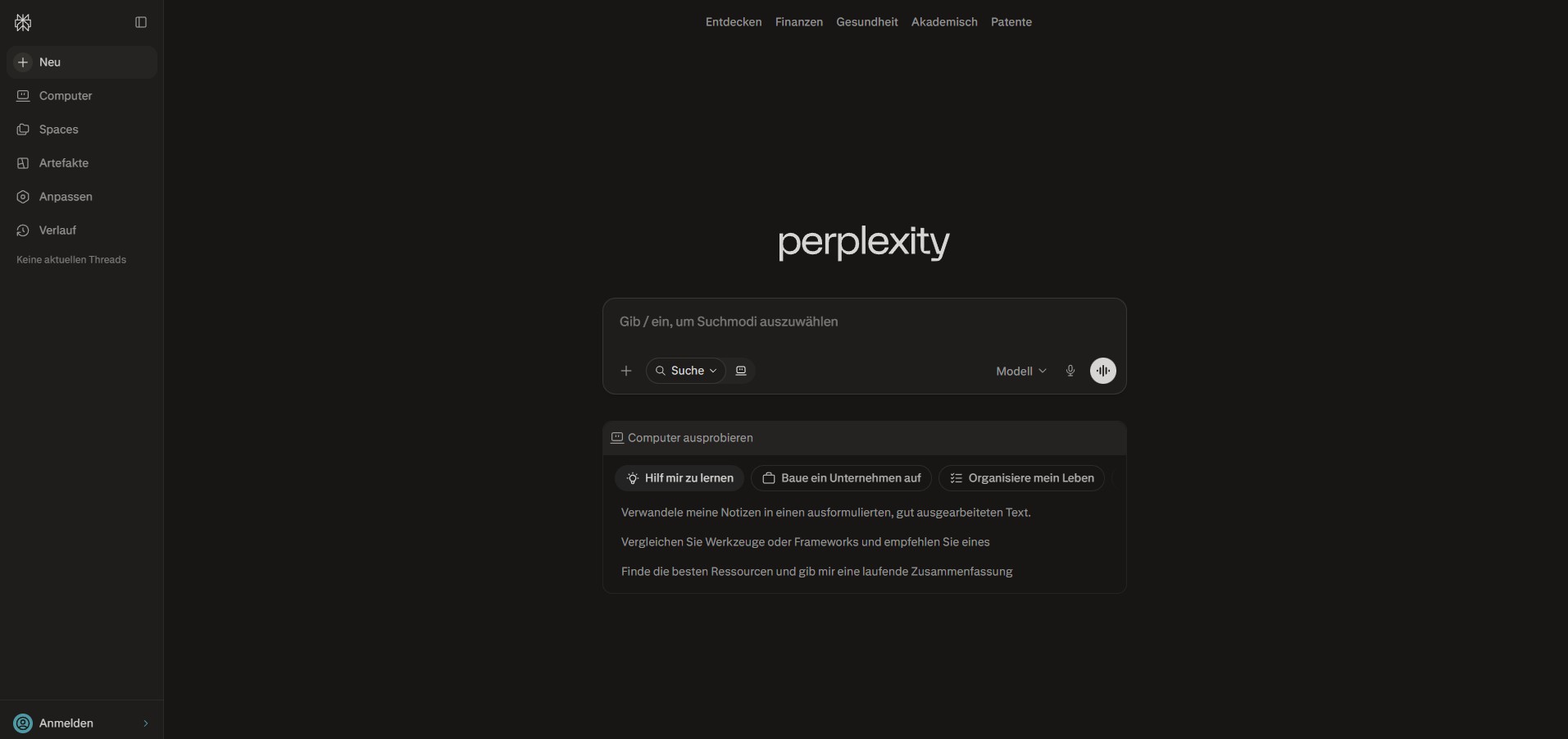 Screenshot der Weboberfläche von Perplexity AI