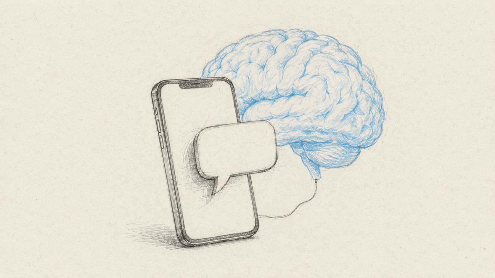 Bleistift-Skizze: ein Smartphone mit Chat-Sprechblase und dahinter ein Gehirn – Symbol dafür, dass das GPT-Modell die Technik hinter der ChatGPT-App ist