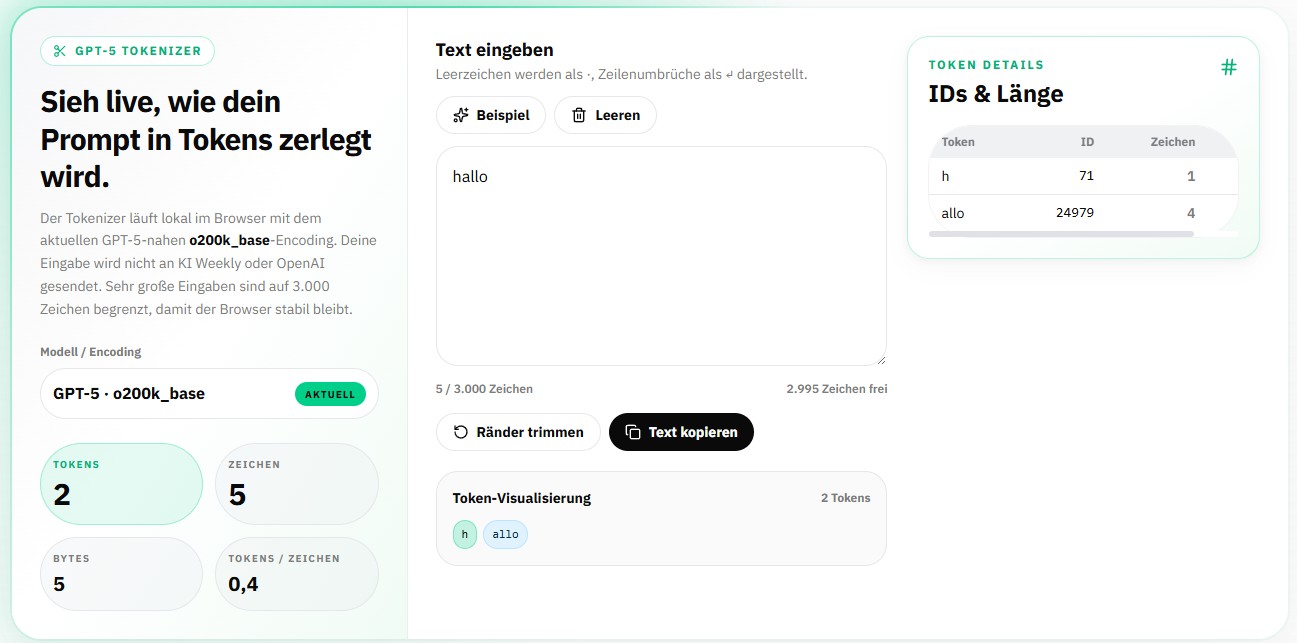 GPT-5-Tokenizer von KI Weekly: Das deutsche „hallo“ wird in 2 Tokens zerlegt – „h“ plus „allo“