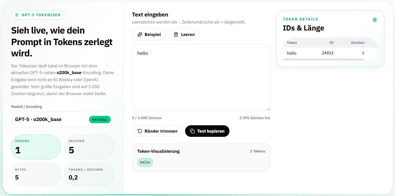 GPT-5-Tokenizer von KI Weekly: Das englische „hello“ wird in genau 1 Token zerlegt
